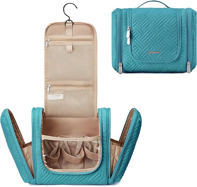 BAGSMART Large Travel Toiletry Bag for Women, Hanging Toiletry Bag with Hook, Travel Cosmetic Makeup Bag Travel Organizer for Accessories, Shampoo, Full Sized Container, Toiletries,Blue-Large