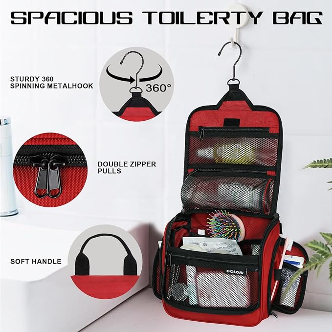 Goloni Hanging Toiletry Bag, 10 Compartments Water-Resistant Makeup Bag with 360° Spinning Metal Hook, Large Travel Cosmetic Organizer for Men & Women, Red (7.05oz)