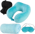 Home-Complete Travel Pillow Set - Memory Foam Pillow, Fleece Blanket, and Eye Mask - Travel Essentials for Airplanes, Trains, Cars, Buses (Blue)