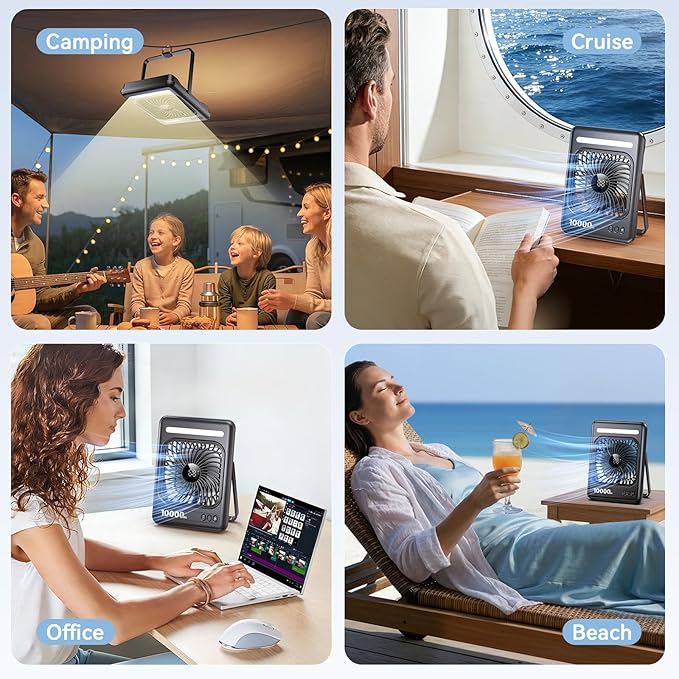 10000mAh Portable Travel Fan, 5 Speeds Strong Wind Cruise Fan with LED Lantern, 24H Runtime Cordless Personal USB Fan, 2/4/6/8H Timer, Ultra-thin Quiet Desk Fan for Camping, Office, Bedroom, Beach