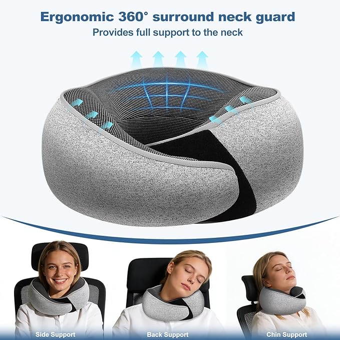 Memory Foam Travel Neck Pillow – Ergonomic Airplane Pillow with 360° Head Support | Includes Eye Mask & Ear Plugs | Ultra Portable Neck Pillow Airplane for Flights & Cars(Pink)