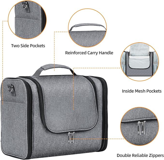 Buruis Extra Large Toiletry Bag for Women and Men, Hanging Travel Bag with Detachable Shoulder Strap for Full-Sized Toiletries, Water-Resistant Dopp Kit for Family Use and Long Trips, Oxford Gray