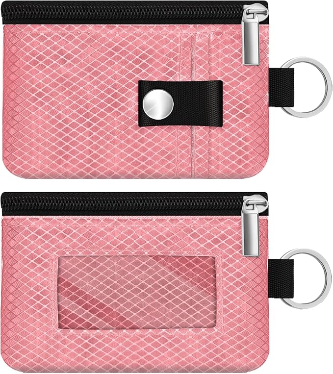 Minimalist RFID Blocking Small Wallet with ID Window,WaterResistant Zip Id Case Wallet with Lanyard Keychain for Cards,Cash,Travel,Women,Men (Pink)