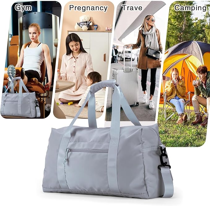 Travel Duffle Bag,Sport Gym Bag for Men And Women with Wet Pocket,Weekender Bag Carry On Tote Bags for Airplane Light Grey