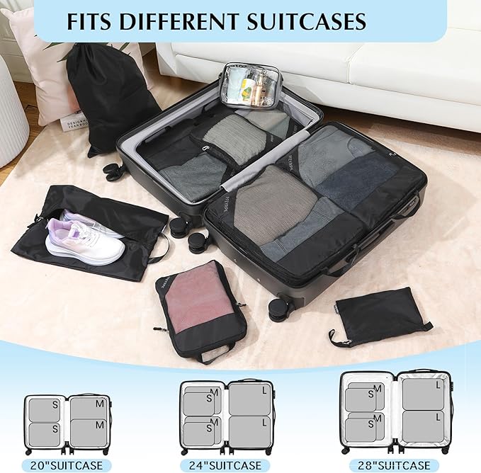 PFEYRPK Lightweight Compression Packing Cubes for Suitcases, Compressible Expandable Travel Packing Organizer with Clear Toiletries and Backpack Bag, Travel Essentials for Carry on Luggage 7 Set