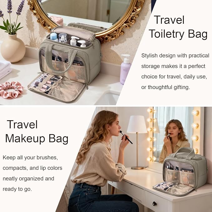 Bagstellar Travel Toiletry Bag for Women, Lightweight Large Quilted Puffy Makeup Bag Wide-open Make up Organizer Cloud Cosmetic Bag w/Handle for Traveling, Toiletries, Essentials, Accessories Oatmeal