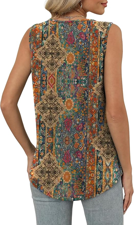 OFEEFAN Tank Top for Women Loose Fit Sleeveless Shirts V Neck Summer Clothes Ruched Women's Tees and Tanks Curved Hem