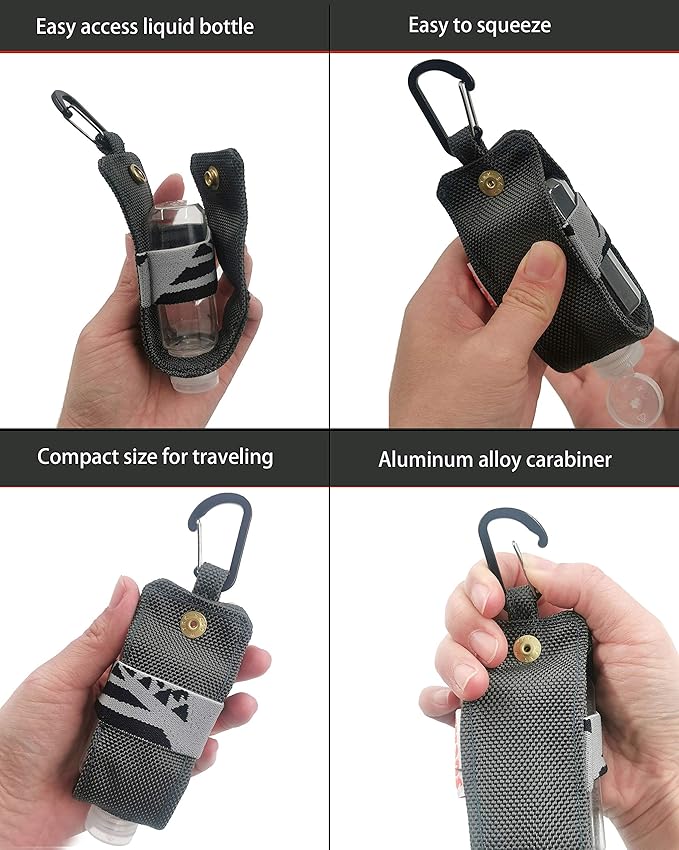 Travel Size Hand Sanitizer Holder,Bottle Case and Carabiner Carrier bag-Portable Mini Waist Bag for Liquids Clip On Backpack and Purse - Not Include Empty 60ml/ 2 oz bottle. (2 Pack)