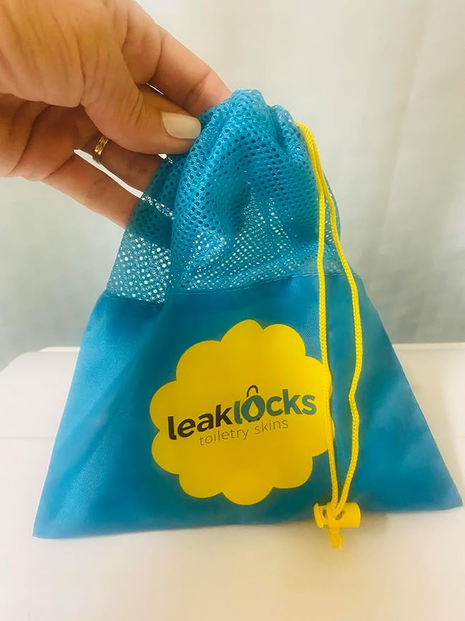 LeakLocks® Toiletry Skins 4-Pack w/Travel Bag. Elastic Sleeve for Leak-Proofing Travel Container in Luggage. Fits Standard/Travel Sized Toiletries. Reusable Accessory for Travel Bag Suitcase/Carry-on