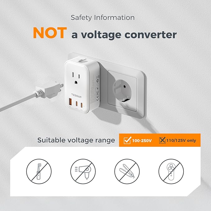 TESSAN Universal Travel Adapter PD 20W, International Power Adapter with 2 USB C 1 USB A Charging Ports, Worldwide Power Outlet Travel Essentials for US to EU UK AUS Scotland (Type C G A I), White