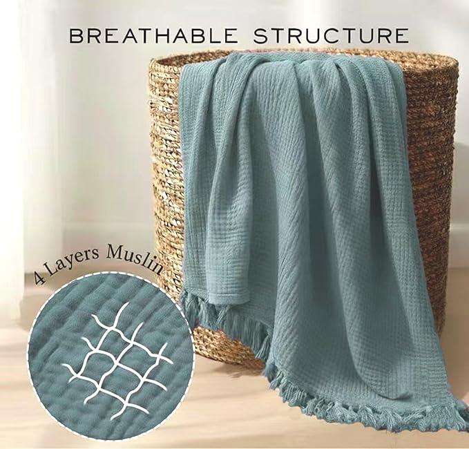 KyraHome 100% Cotton Throw Blankets for Couch, 60"x80" Plant-Dyed Breathable Lightweight Gauze Soft Muslin Throw Blankets for Adults, All Season (Slate Blue)