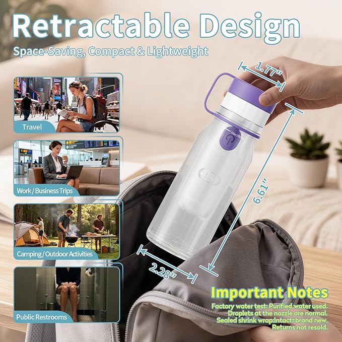 Portable Bidet for Travel with 260ML Bottle, Rechargeable Electric Bidet Bottle for Women Men Baby Cleaning, Waterproof High Pressure Sprayer for Personal Hygiene (White & Purple)