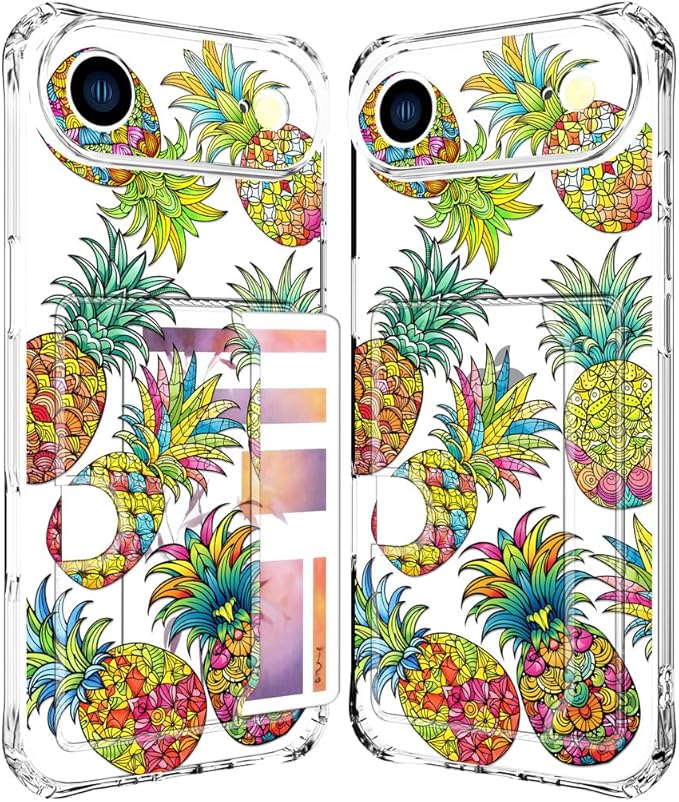 Compatible with iPhone 17 Air Case Card Holder for Women Cute Design,Wallet Phone Cases Transparent Cool Kawaii Protective (Clear Pineapple Fruit Tropical)