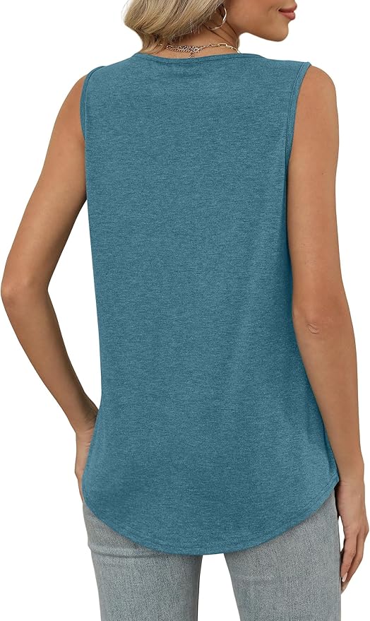 OFEEFAN Tank Top for Women Loose Fit Sleeveless Shirts V Neck Summer Clothes Ruched Women's Tees and Tanks Curved Hem
