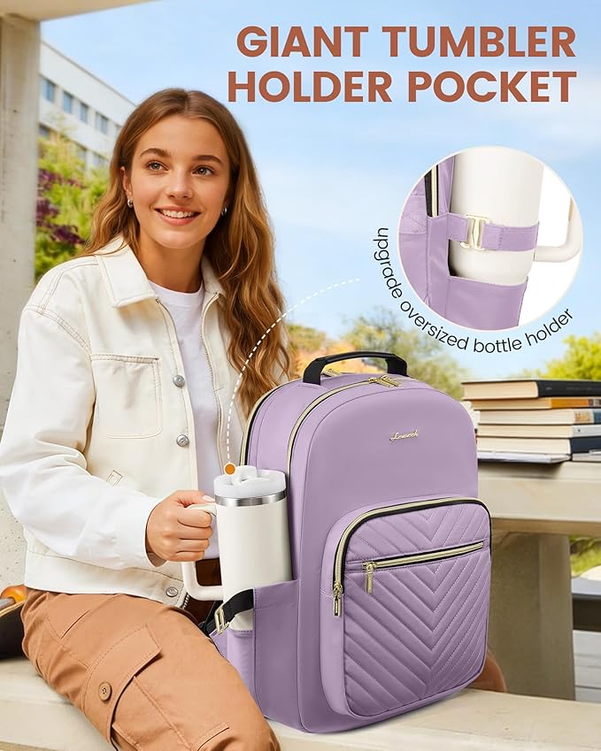 LOVEVOOK Laptop Backpack for Women with Giant Tumbler Holder 17.3 inch,Designer Travel Backpack Laptop Bag College Backpack,Quilted Work Nurse Teacher Backpack Purse Computer Bag Daypack,Taro Purple