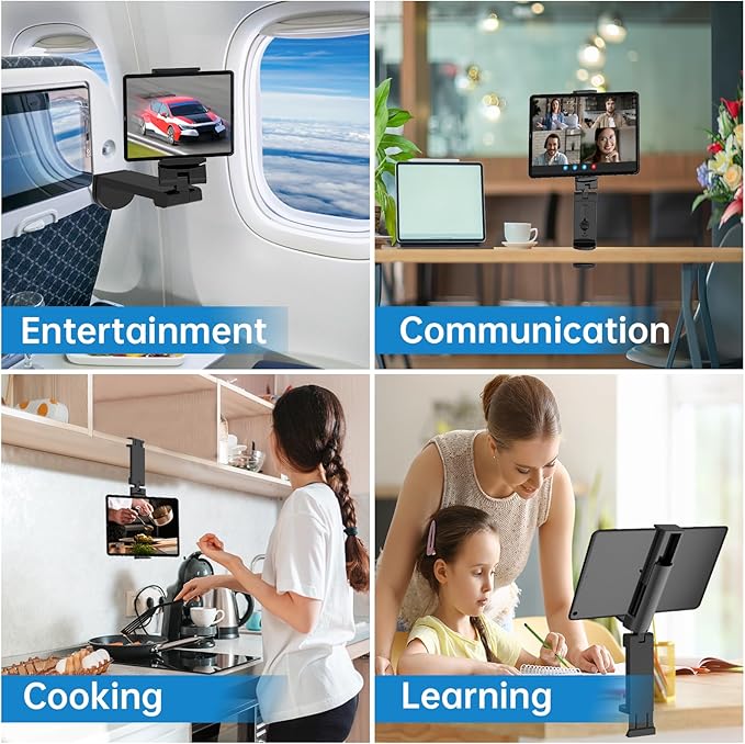 Universal Airplane Tablet Holder Mount, Travel Stand, Handsfree Travel with Multi-Directional 360 °Rotation for Flying, Desk, Study (3.15-12.4in)