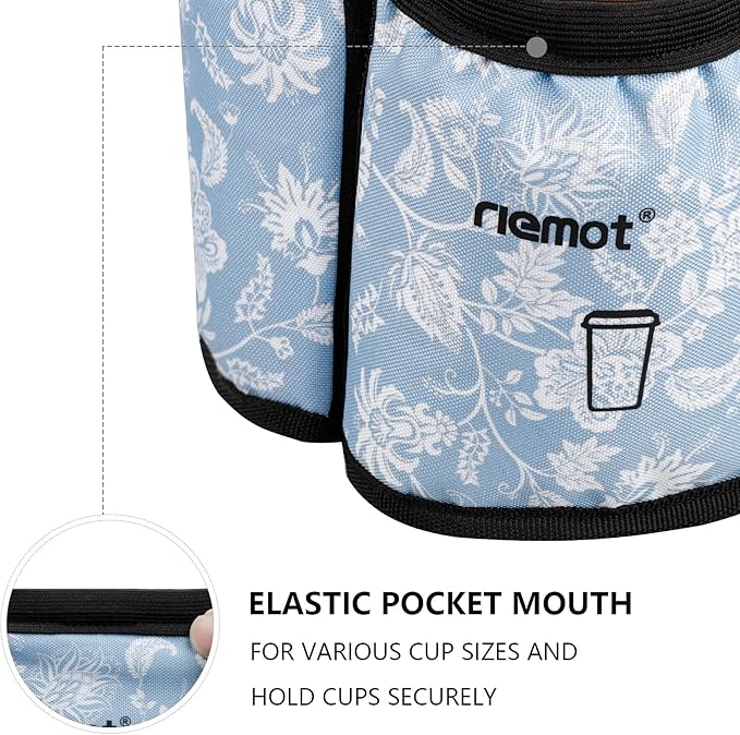 riemot Luggage Travel Cup Holder Free Hand Drink Carrier - Hold Two Coffee Mugs - Fits Roll on Suitcase Handles - Gifts for Flight Attendants Travelers Accessories Blue Floral