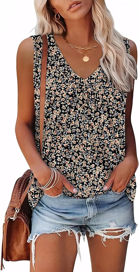 OFEEFAN Tank Top for Women Loose Fit Sleeveless Shirts V Neck Summer Clothes Ruched Women's Tees and Tanks Curved Hem