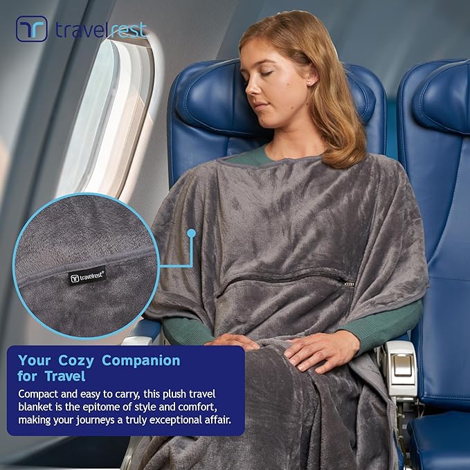 TRAVELREST 4-in-1 Travel Blanket – Wearable Blanket, Pillow & Body Wrap, Lightweight, Compact & Cozy with Carry Case, Travel Friendly, Comfort, Ideal for Airplanes, Long Flights, Road Trips - Grey