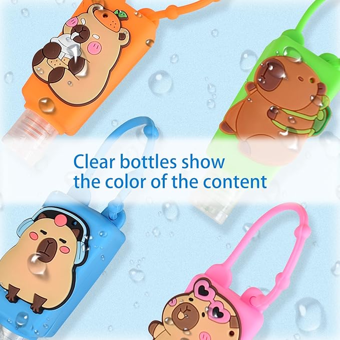 Refillable Travel Bottles Containers, 4 Pack Hand Sanitizer Travel Size Holder with Empty Silicone Bottles Case Keychain Carrier, Leak Proof Portable Bottle for Liquid Soap, Lotion (Capybara)