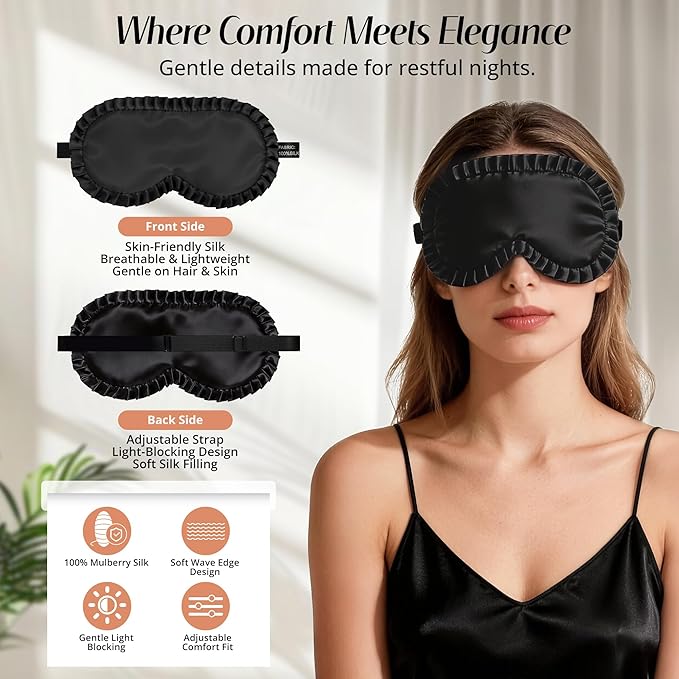 Silk Sleep Mask for Women: 100% Mulberry Silk Eye Mask, Black Back Sleeping Mask for Light Blocking, Soft Wavy Edge Eye Cover and Adjustable Strap, Travel & Sleep Gift (Black)
