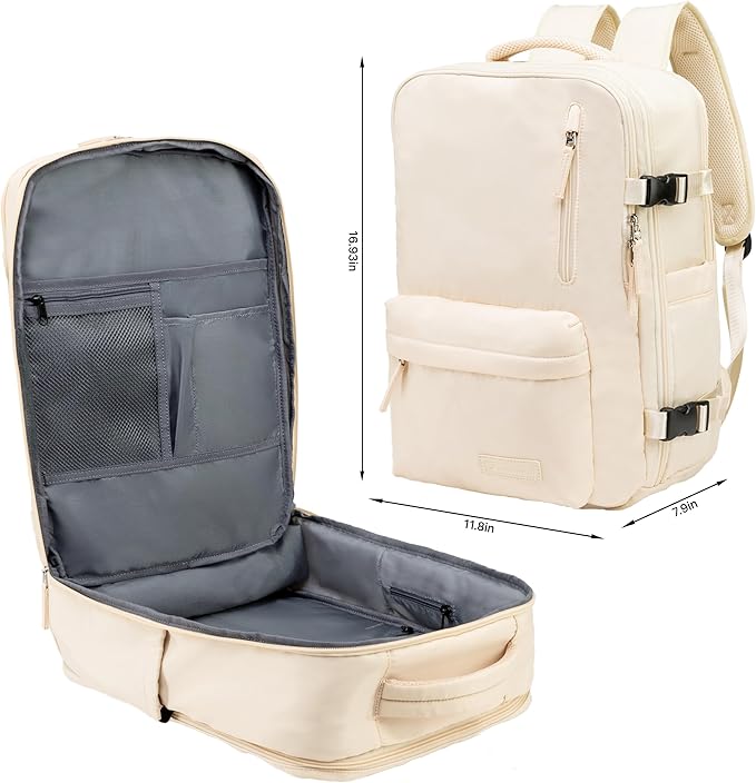 (Not Made In China) Travel Backpack For Men and Women, Airline Approved Carry On Bag w/Shoe Compartment, Holds 15.6" Laptop Computer, USB Charging Port (Amerigo, Beige,1 Pack)