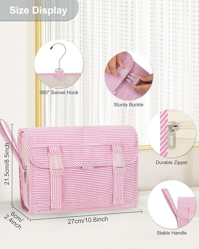 Relavel Hanging Toiletry Bag for Women, Large Makeup Travel Bag with Separate Compartments, Water Resistant Toiletries Bag for Travel Accessories, Portable Bathroom Bag for Trip Camping- Pink Strip