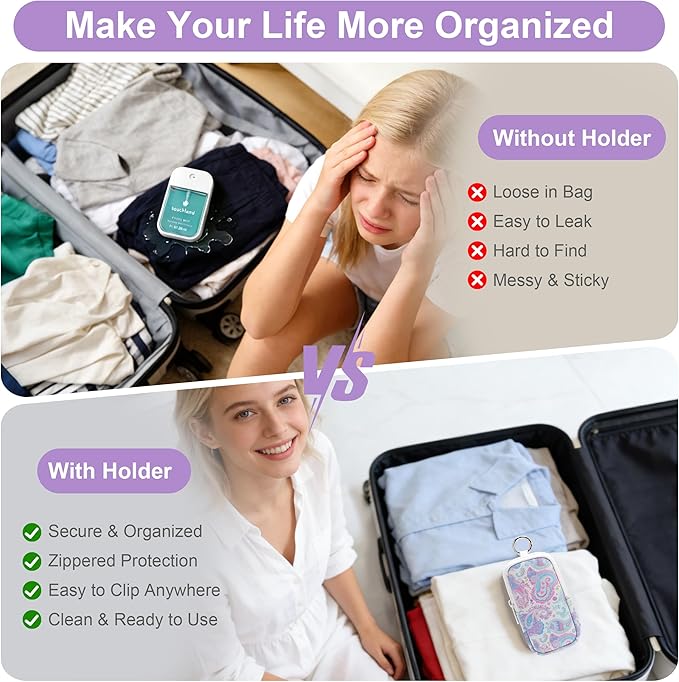 KJQJLY 2 Pack Hand Sanitizer Holder Pouch, Zippered Portable Sanitizer Case with Cute Pattern, Keychain D-Ring for Purse, Backpack & Travel