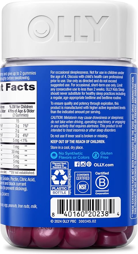 OLLY Kids Sleep Gummy,Occasional Sleep Support,0.5mg Melatonin,L Theanine,Chamomile,and Lemon Balm Extracts,Childrens Chewable Supplement,Raspberry Flavor -,90 Count (Pack of 2)