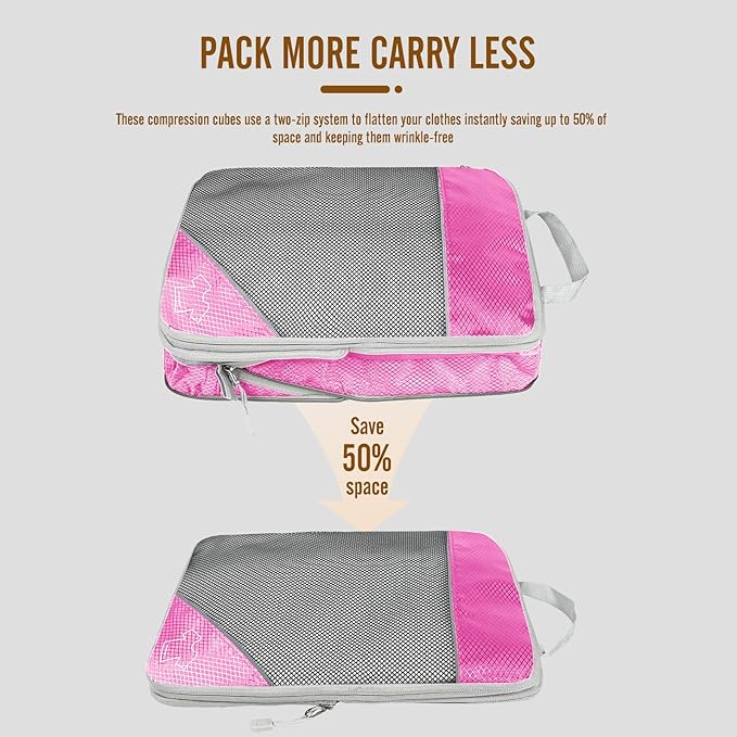 8 Set Compression Packing Cubes for Travel, Expandable Luggage Organizer with Shoe Bag & Laundry Bag - Lightweight Suitcase & Backpack Travel Essentials (Pink)
