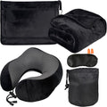 Travel Blanket and Pillow Set - Travel Neck Pillow & Blanket for Airplane, Thick Fleece Blankets Campact with Bag, Memory Foam Neck Pillows, Sleep Mask, Earplugs for Plane Traveling Essentials, Black