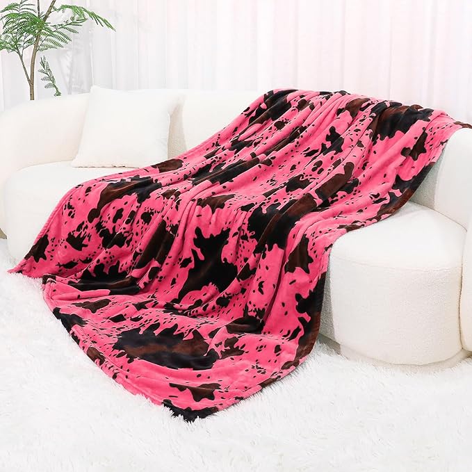 King Size Fleece Blanket for Bed - Hot Pink Throw Blanket King Size Soft Fuzzy Plush Bedding for Bedroom, Extra Large Strawberry Pink Cow Print Bed Throws for Girls Women