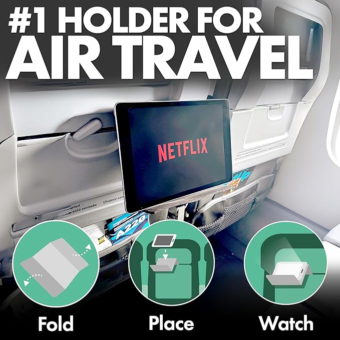 Flight Flap Airplane Tablet Holder, Flexible Cell Phone and Tablet Holder Extra Large 12x7”, Folding Cellphone Stand for Desk, Kindle, Bed, Airplane Gadgets Long Travel Essentials (Black)
