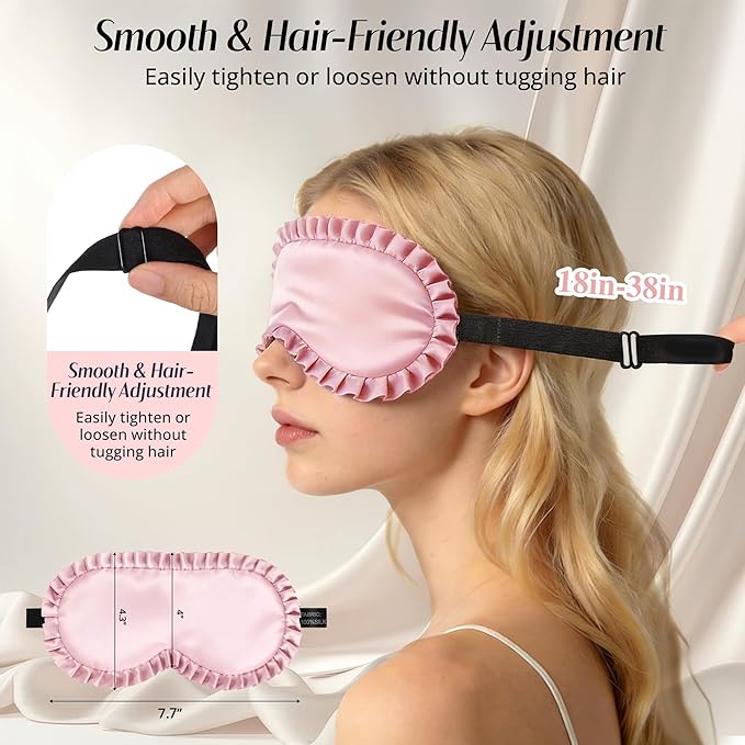 Silk Sleep Mask for Women: 100% Mulberry Silk Eye Mask, Black Back Sleeping Mask for Light Blocking, Soft Wavy Edge Eye Cover and Adjustable Strap, Travel & Sleep Gift (Pink)