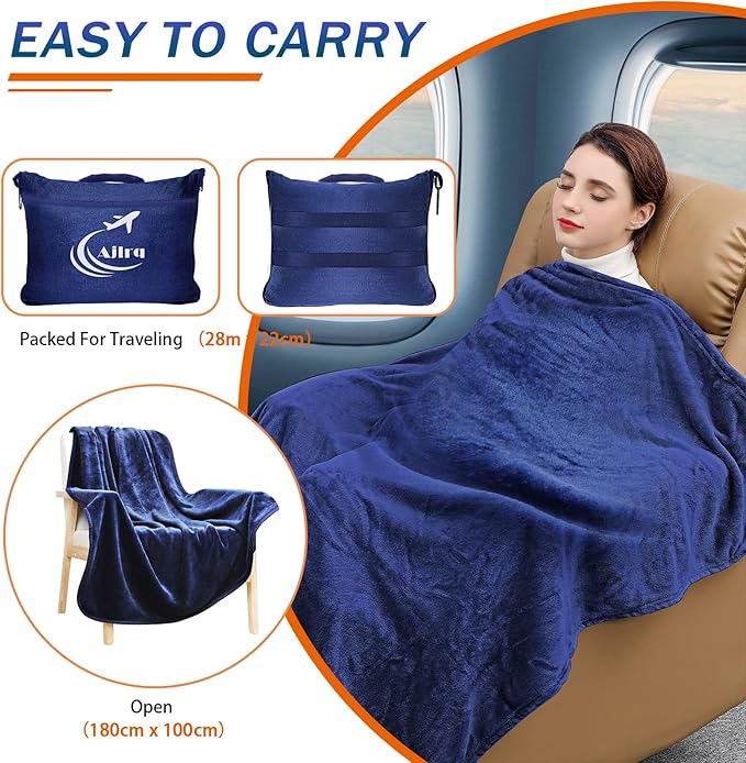 Travel Blanket Airplane Pillow, Premium Soft Polyester 2 in 1 Travel Pillow Airplane Blanket with Soft Bag Pillow Case Travel Essentials with Storage Bag and Handle Belt (Blue)