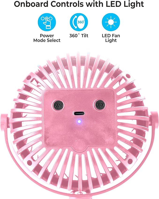 Comfort Zone Portable Stroller Fan – Rechargeable Battery Operated Clip-On Fan with 360° Flexible Tripod & LED Light – 3-Speed Cooling for Car Seats, Cribs, Treadmills & Travel – Pink