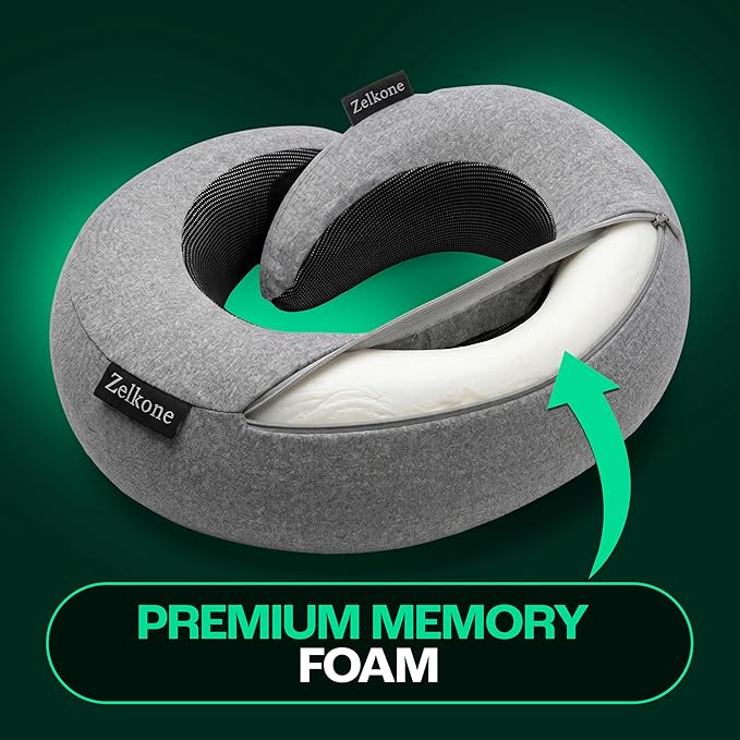 Travel Neck Pillow Memory Foam – Best Airplane Neck Pillow for Long Flights, Soft Ergonomic Neck Support, Compact Travel Pillow for Plane & Car, Airplane Travel Essentials