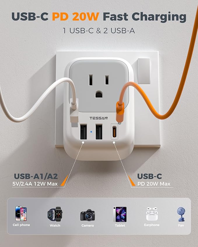 TESSAN Brazil Plug Adapter 2 Pack, 7 in 1 US to Brazil Power Adapter with 3 USB Ports (1 USB-C PD 20W Port) 4 American Outlets, Type N Travel Adaptor for USA to Brazilian