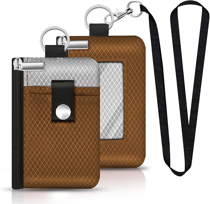 Minimalist RFID Blocking Small Wallet with ID Window,WaterResistant Zip Id Case Wallet with Lanyard Keychain for Cards,Cash,Travel,Women,Men (Brown/Light Grey)