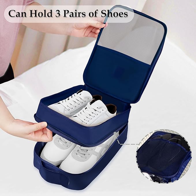 Travel Shoe Bag Waterproof Shoe Organizer Bag Holds 3 Pair of Shoes Shoe Packing Cube for Suitcase Travel and Daily Use Storage Pouch with Handle (Navy Blue)