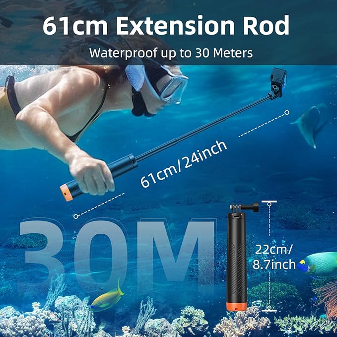 Floating Selfie Stick Hand Grip Tripod, Waterproof Extendable Selfie Monopod for GoPro Hero 13, 12, 11, 10, 9, 8, DJI OSMO Action 5 Pro 4 3、Insta360 Ace Pro 2 and Most Action Camera