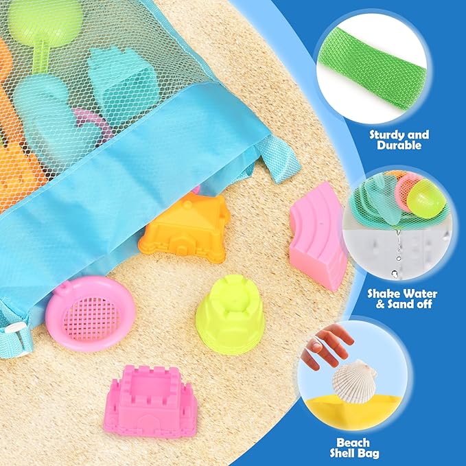 Dreamon Beach Toys for Kids 3-10, Collapsible Sand Toys Include 3 Pack Foldable Buckets with Mesh Bag, 24 PCS Beach Mold and Shovels Molds, Travel Sandbox Beach Toys for Toddler