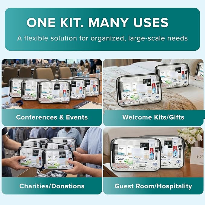 TrekTote Bulk 15 Piece Hygiene Kits for Distribution & Travel, TSA Toiletries Kit, Mini Shampoo, Toothbrush, Deodorant, Soap, Razor, Individually Packaged in Case Pack of 25