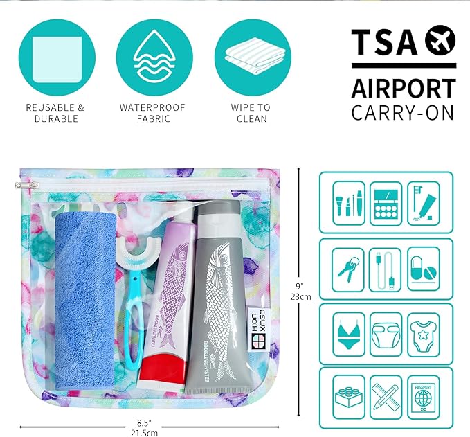 HIONXMGA TSA Approved Toiletry Bag, Set of 3 Clear Travel Toiletry Bag Quart Size Zipper Travel Pouch, Waterproof Makeup Cosmetic Bag for Women Men Kids Toiletries Carry on, Watercolor Large