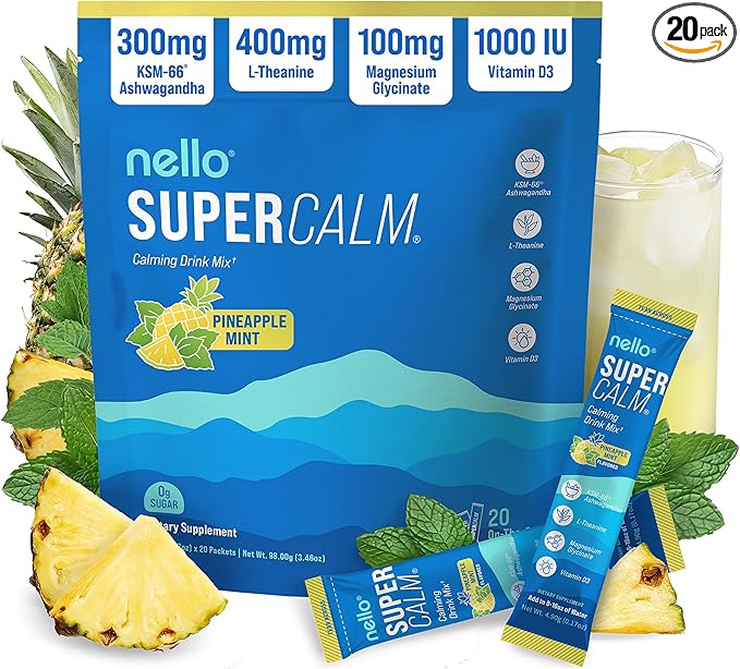 Nello Supercalm Powdered Drink Mix, Cortisol Reducer* and Sleep Aid Supplement, L Theanine, Ksm-66 Ashwagandha, Magnesium Glycinate, Vitamin D 3, No Sugar, Non GMO, On The Go, 20 Ct, Pineapple Mint