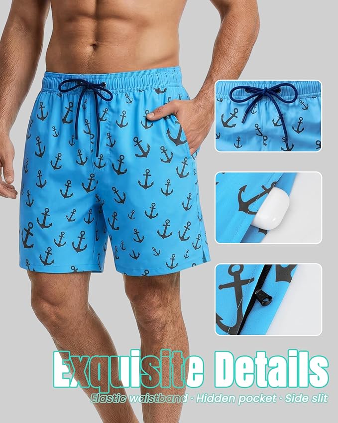 7 Inch Men Swim Trunks with Compression Breathable Liner Quick Dry Zipper Pockets for Pool Board Beach Cruise