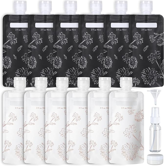 PACKISM 15 Pack Travel Pouches for Toiletries - 3 oz Leak Proof TSA Approved Liquid Containers, Squeeze Bags for Shampoo Lotion, Space Saving Refillable Carriers, Black Beige Chamomile