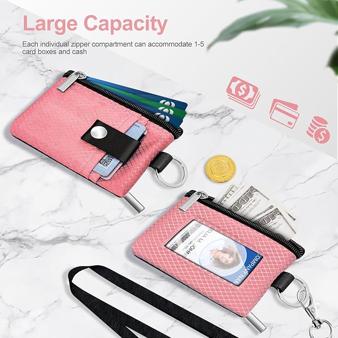 Minimalist RFID Blocking Small Wallet with ID Window,WaterResistant Zip Id Case Wallet with Lanyard Keychain for Cards,Cash,Travel,Women,Men (Pink)