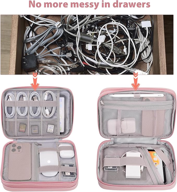 Travel Accessories Case for Women, Large Cord Organizer Bag for Airplane Essentials & Tech Electronics, 2 Layers (Pink)