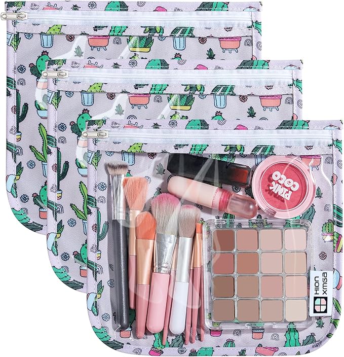 HIONXMGA TSA Approved Toiletry Bag, Set of 3 Clear Travel Toiletry Bag Quart Size Zipper Travel Pouch, Waterproof Makeup Cosmetic Bag for Women Men Kids Toiletries Carry on, Cacti Large